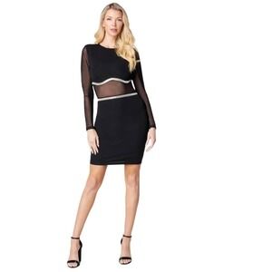 BEBE EMBELLISHED TRIM MESH LONG SLEEVE‎ BODYCON DRESS IN BLACK NWT WOMEN'S LARGE